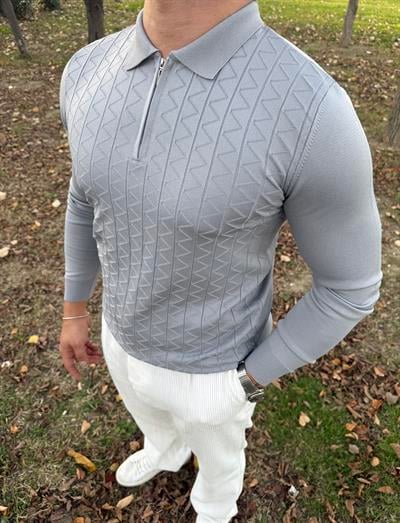 Z desen triko yarım fermuar GRİ