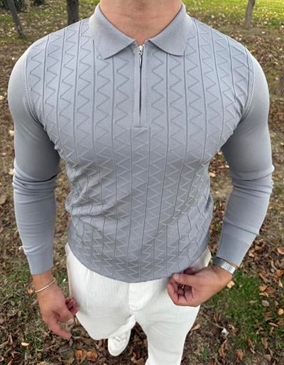 Z desen triko yarım fermuar GRİ