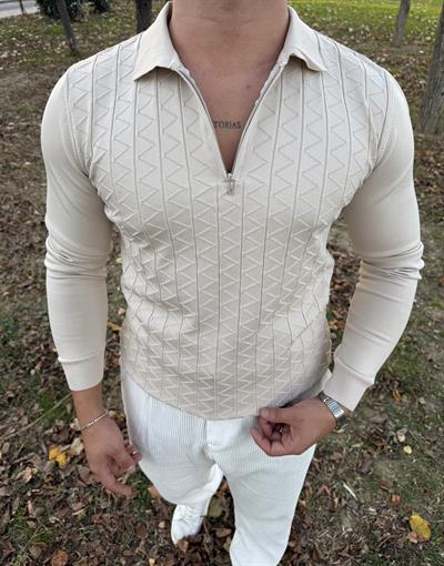 Z desen triko yarım fermuar KREM