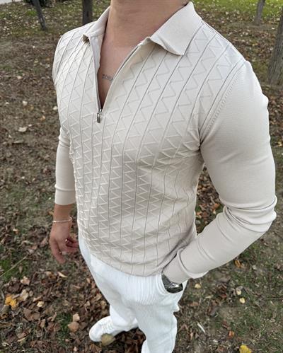 Z desen triko yarım fermuar KREM