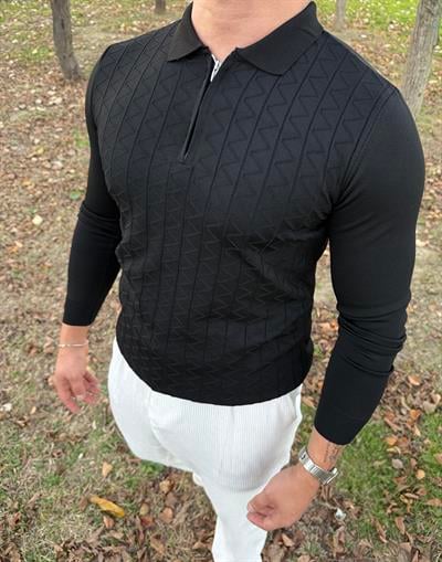 Z desen triko yarım fermuar SİYAH