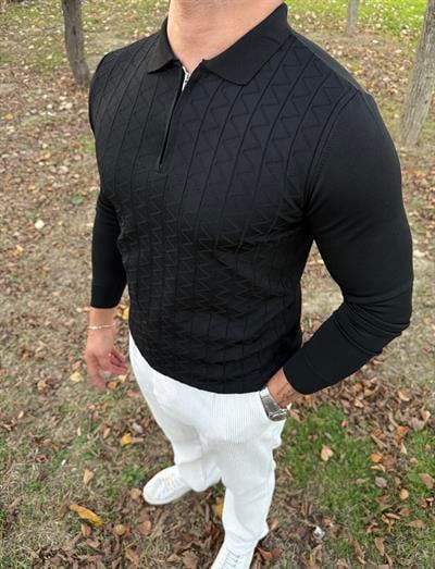 Z desen triko yarım fermuar SİYAH