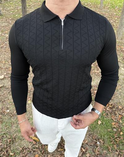 Z desen triko yarım fermuar SİYAH