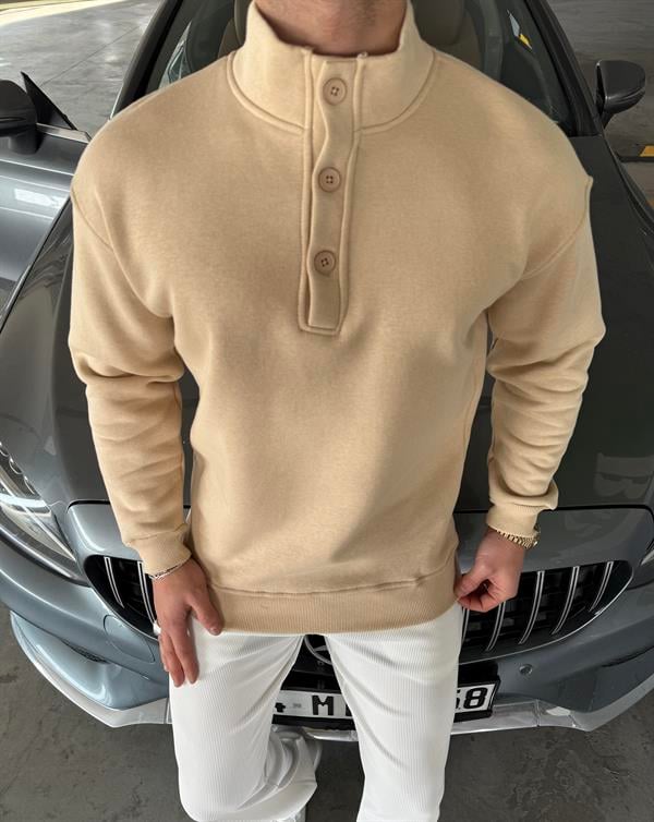3 İplik Şardonlu 3 Düğme Detaylı Sweatshirt Bej