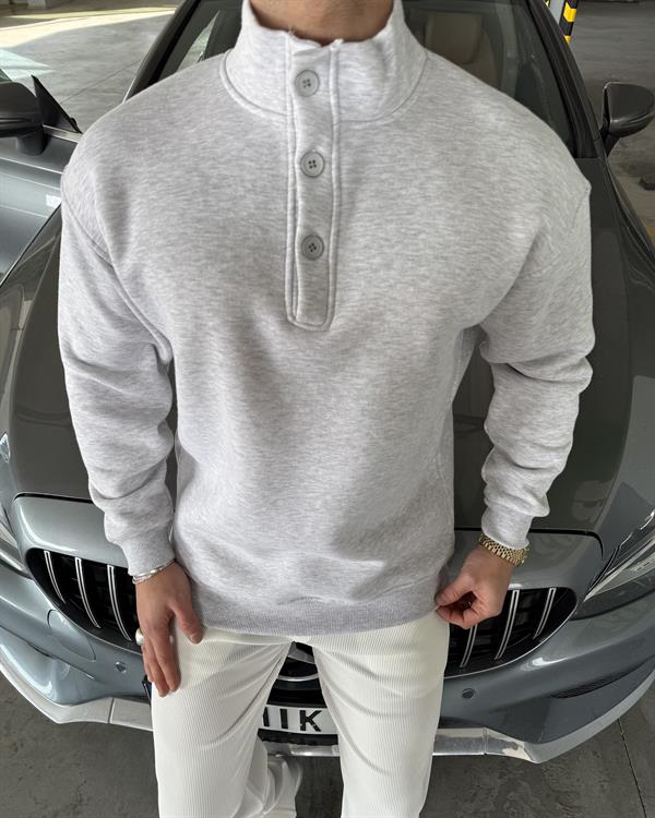 3 İplik Şardonlu 3 Düğme Detaylı Sweatshirt Gri