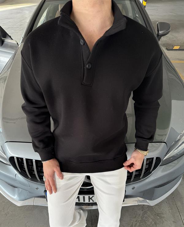 3 İplik Şardonlu 3 Düğme Detaylı Sweatshirt Siyah