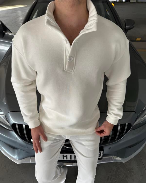 3 İplik Şardonlu 3 Düğme Detaylı Sweatshirt Beyaz