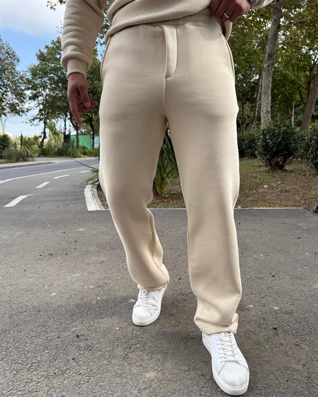 3 İPLİK ŞARDONLU BAGGY KALIP PANTOLON KREM