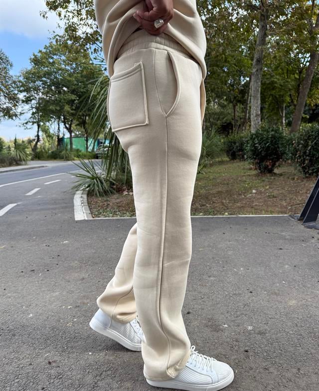 3 İPLİK ŞARDONLU BAGGY KALIP PANTOLON KREM