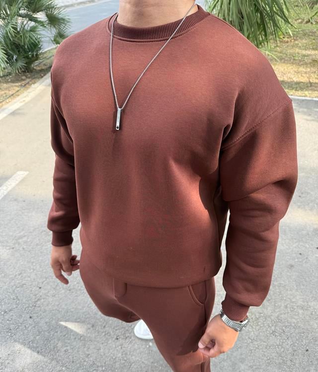 3 İPLİK ŞARDONLU BİSİKLET YAKA SWEATSHİRT ACI KAHVE