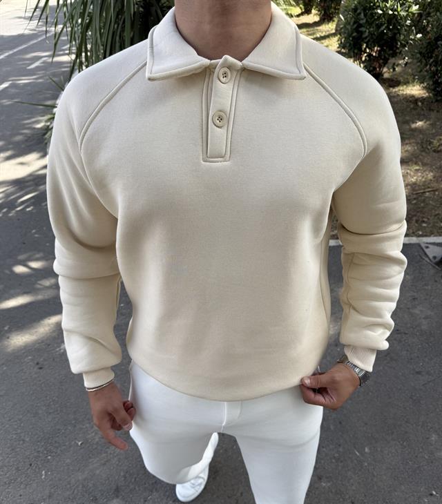 3 İPLİK ŞARDONLU POLO YAKA SWEATSHİRT KREM