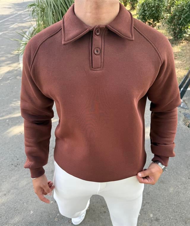 3 İPLİK ŞARDONLU POLO YAKA SWEATSHİRT ACI KAHVE