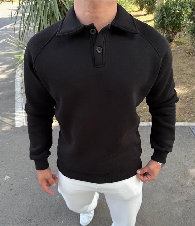 3 İPLİK ŞARDONLU POLO YAKA SWEATSHİRT SİYAH