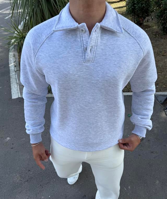 3 İPLİK ŞARDONLU POLO YAKA SWEATSHİRT GRİ