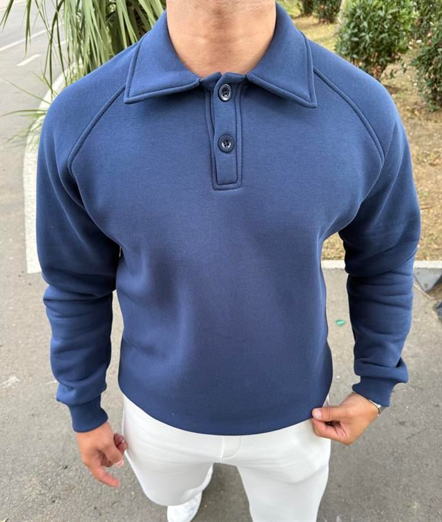 3 İPLİK ŞARDONLU POLO YAKA SWEATSHİRT LACİVERT