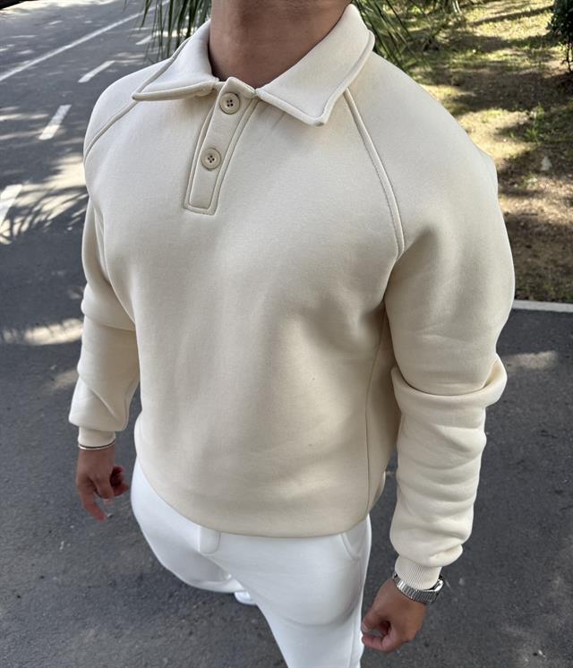 3 İPLİK ŞARDONLU POLO YAKA SWEATSHİRT KREM