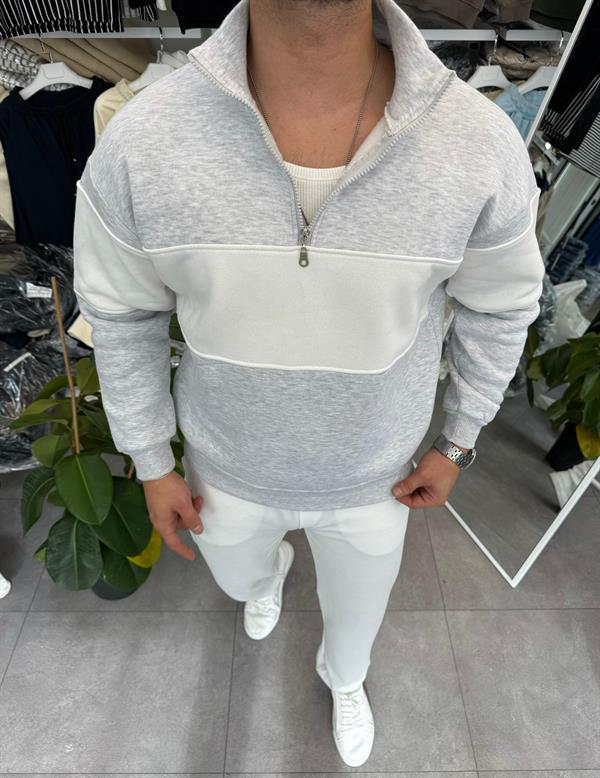 3 İplik Şardonlu Yarım Fermuar Parça Detaylı Sweatshirt Gri