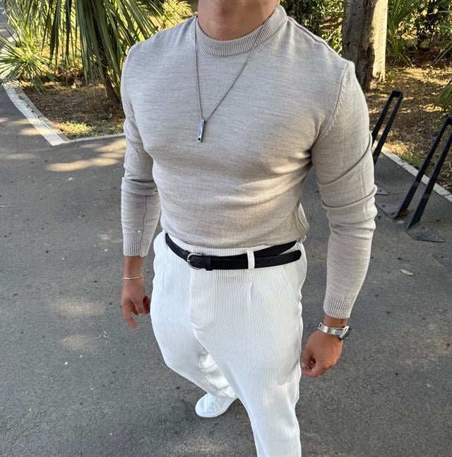 BİSİKLET YAKA TRİKO SWEATSHİRT KREM