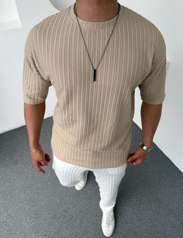 Burgu Desen Oversize Tişört Bej