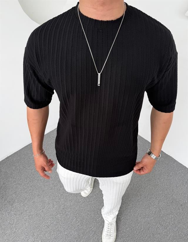 Burgu Desen Oversize Tişört Siyah