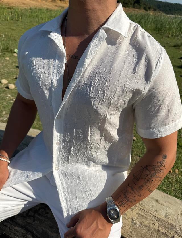 ÇATLAK DESEN KISAKOL GÖMLEK BEYAZ