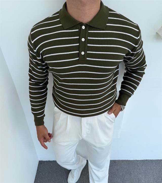 ÇİZGİLİ DÜĞMELİ TRİKO POLO YAKA SWEATSHİRT YEŞİL