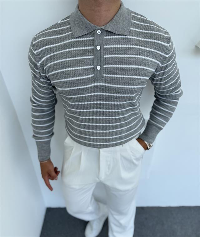 ÇİZGİLİ DÜĞMELİ TRİKO POLO YAKA SWEATSHİRT GRİ