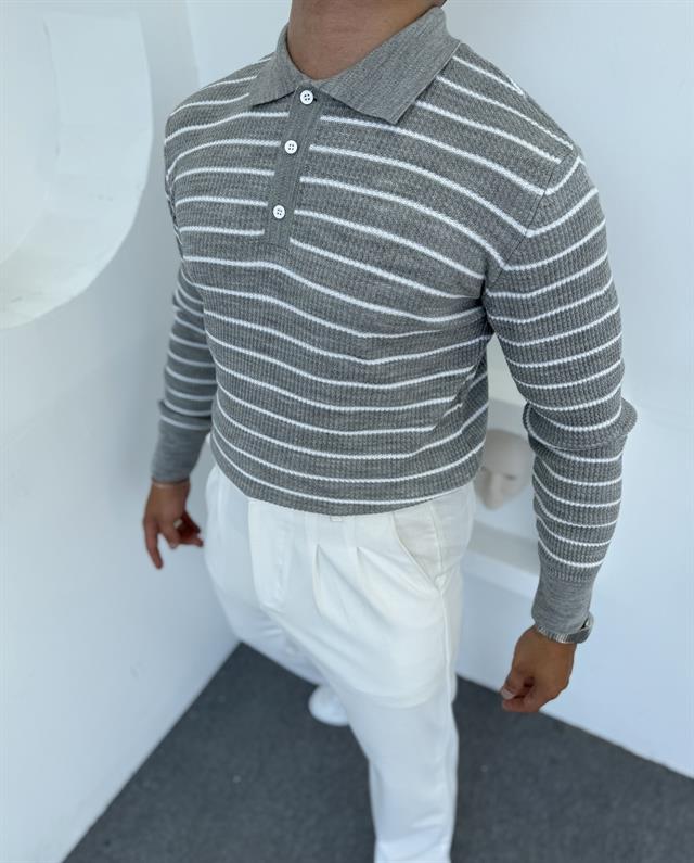 ÇİZGİLİ DÜĞMELİ TRİKO POLO YAKA SWEATSHİRT GRİ