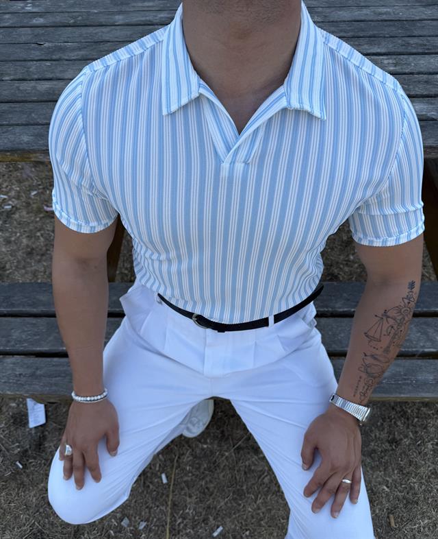 ÇİZGİLİ FİTİLLİ POLO YAKA TİŞÖRT BEBE MAVİSİ