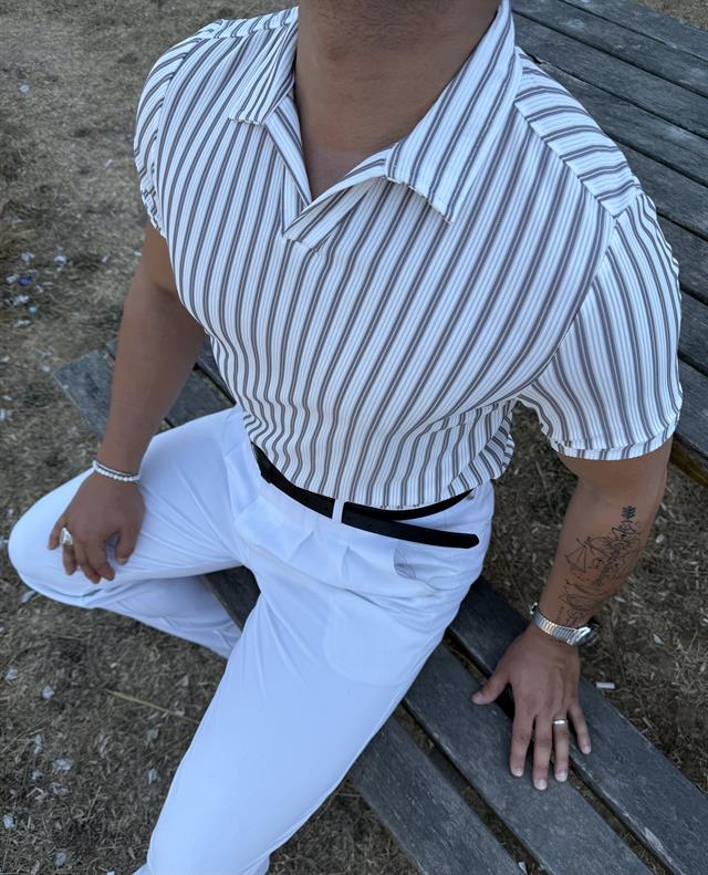 ÇİZGİLİ FİTİLLİ POLO YAKA TİŞÖRT GRİ
