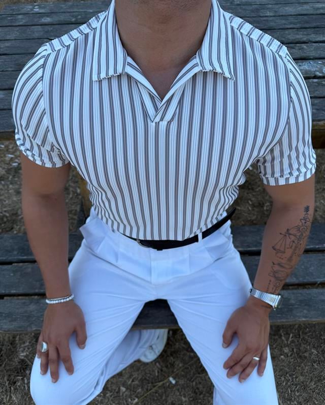 ÇİZGİLİ FİTİLLİ POLO YAKA TİŞÖRT GRİ