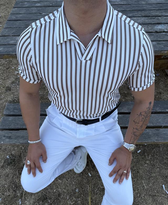 ÇİZGİLİ FİTİLLİ POLO YAKA TİŞÖRT KAHVERENGİ