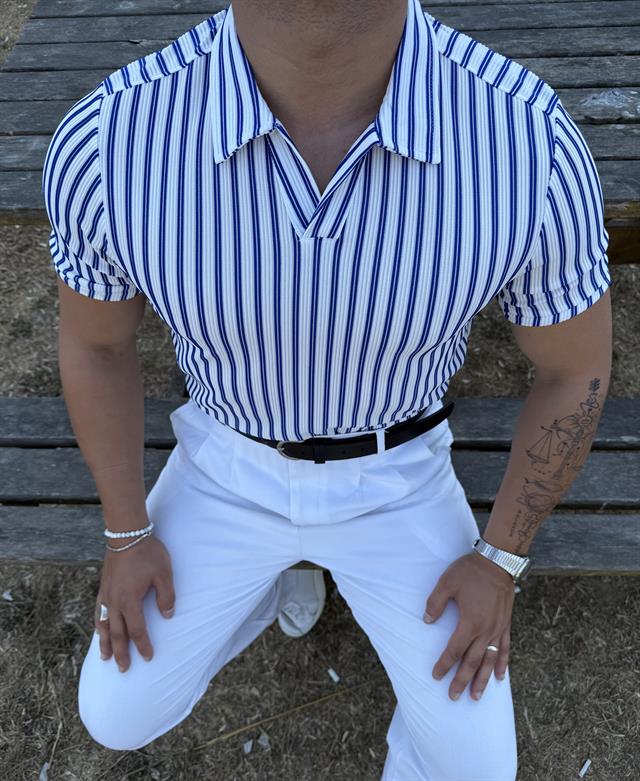 ÇİZGİLİ FİTİLLİ POLO YAKA TİŞÖRT LACİVERT