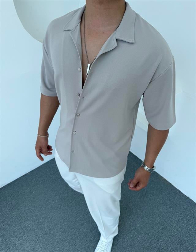 Crap Kumaş Kısakol Oversize Gömlek Gri