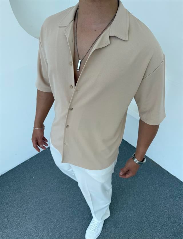 Crap Kumaş Kısakol Oversize Gömlek Krem