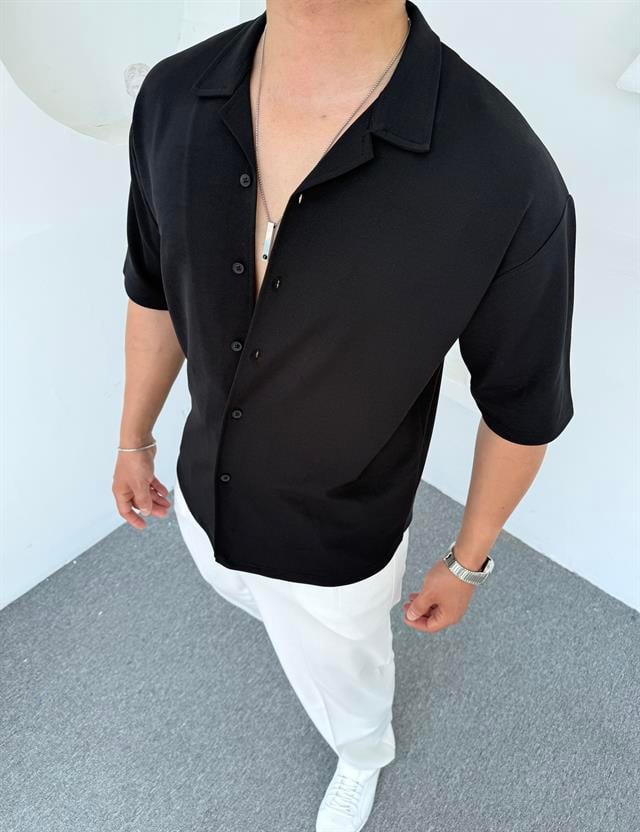 Crap Kumaş Kısakol Oversize Gömlek Siyah