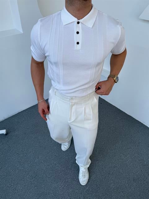 Düğme ve Şerit Detaylı Polo Yaka Triko T-Shirt Beyaz
