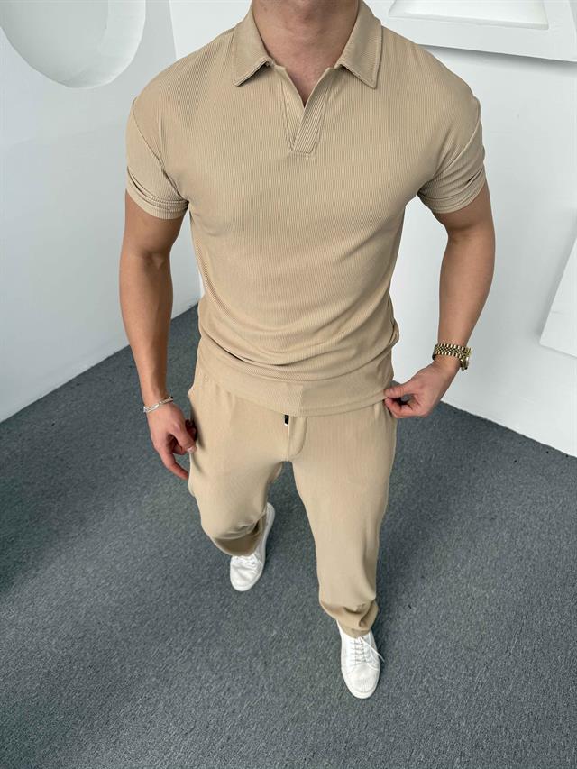 Fitilli Polo Yaka T-Shirt Baggy Pantolon Takım Krem