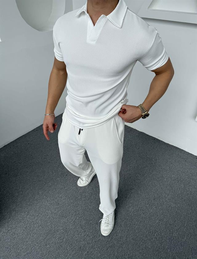 Fitilli Polo Yaka T-Shirt Baggy Pantolon Takım Beyaz