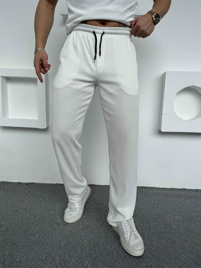 Fitilli Polo Yaka T-Shirt Baggy Pantolon Takım Beyaz