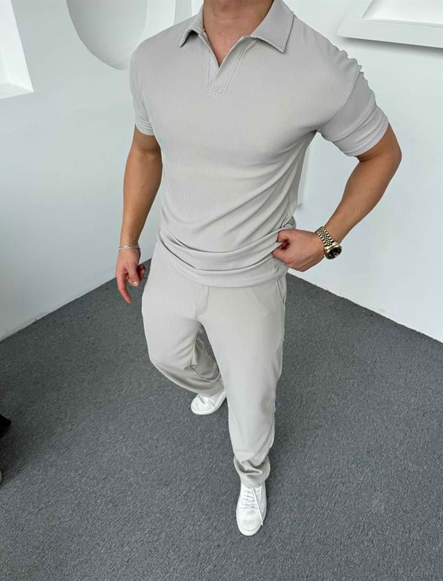 Fitilli Polo Yaka T-Shirt Baggy Pantolon Takım Gri