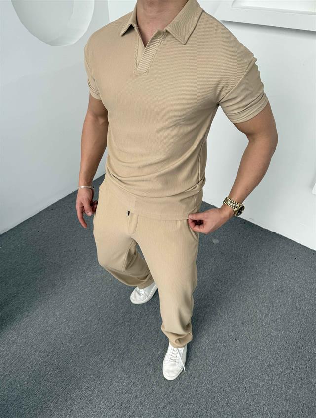 Fitilli Polo Yaka T-Shirt Baggy Pantolon Takım Krem