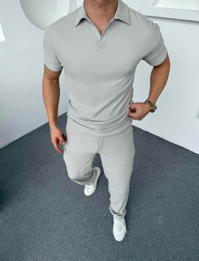 Fitilli Polo Yaka T-Shirt Baggy Pantolon Takım Gri