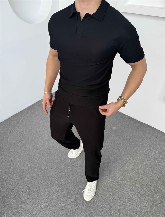 Fitilli Polo Yaka T-Shirt Baggy Pantolon Takım Siyah