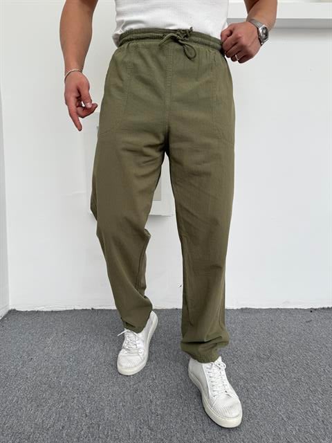 Ham Keten Pamuk Baggy Pantolon Haki