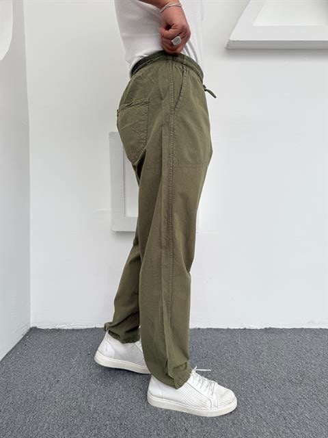 Ham Keten Pamuk Baggy Pantolon Haki