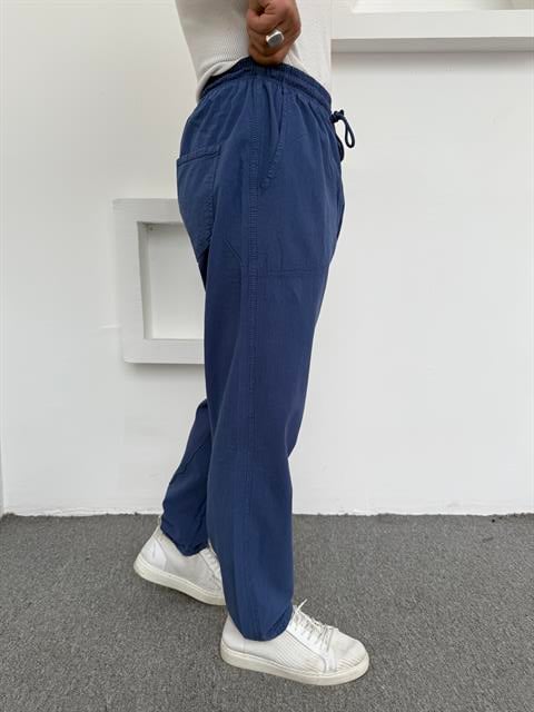 Ham Keten Pamuk Baggy Pantolon İndigo