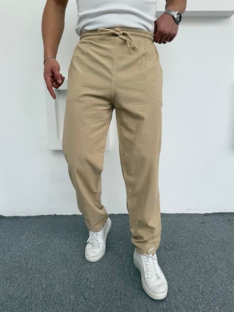 Ham Keten Pamuk Baggy Pantolon Krem