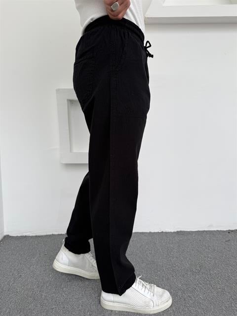 Ham Keten Pamuk Baggy Pantolon Siyah
