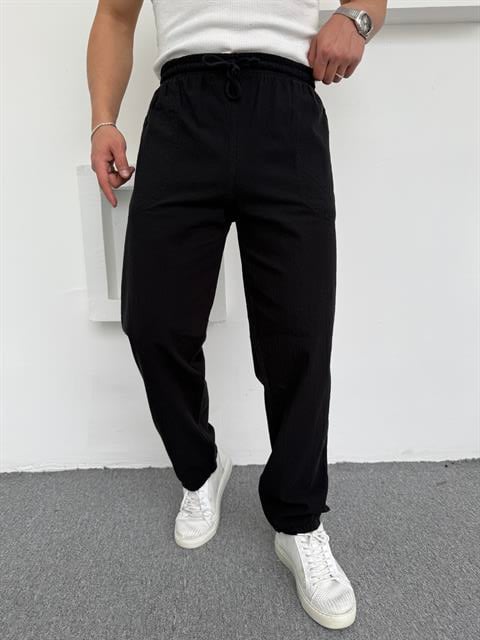 Ham Keten Pamuk Baggy Pantolon Siyah